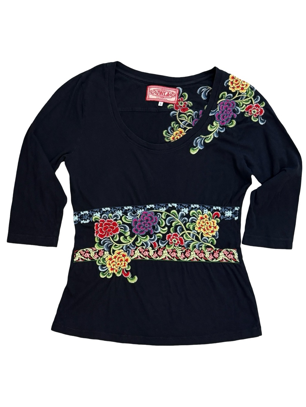 Johnny Was JWLA Black Floral Embroidered Top